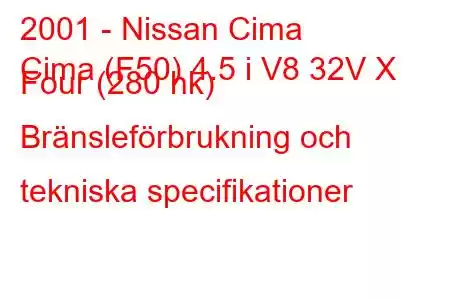 2001 - Nissan Cima
Cima (F50) 4.5 i V8 32V X Four (280 hk) Bränsleförbrukning och tekniska specifikationer