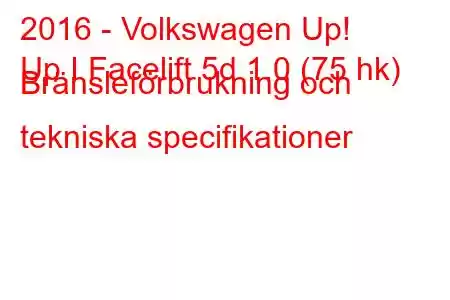 2016 - Volkswagen Up!
Up I Facelift 5d 1.0 (75 hk) Bränsleförbrukning och tekniska specifikationer