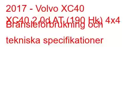 2017 - Volvo XC40
XC40 2.0d AT (190 Hk) 4x4 Bränsleförbrukning och tekniska specifikationer