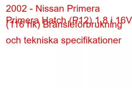 2002 - Nissan Primera
Primera Hatch (P12) 1,8 i 16V (116 hk) Bränsleförbrukning och tekniska specifikationer