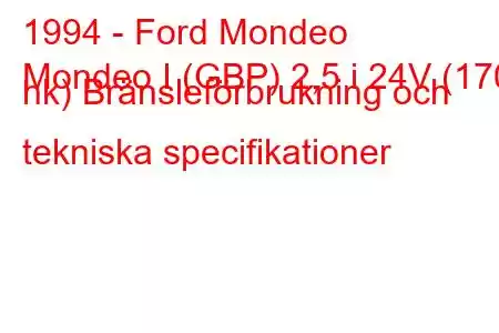 1994 - Ford Mondeo
Mondeo I (GBP) 2,5 i 24V (170 hk) Bränsleförbrukning och tekniska specifikationer