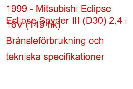 1999 - Mitsubishi Eclipse
Eclipse Spyder III (D30) 2,4 i 16V (149 hk) Bränsleförbrukning och tekniska specifikationer