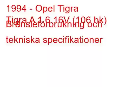 1994 - Opel Tigra
Tigra A 1.6 16V (106 hk) Bränsleförbrukning och tekniska specifikationer