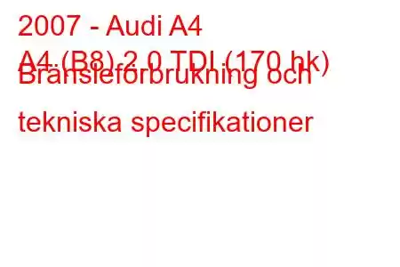 2007 - Audi A4
A4 (B8) 2.0 TDI (170 hk) Bränsleförbrukning och tekniska specifikationer