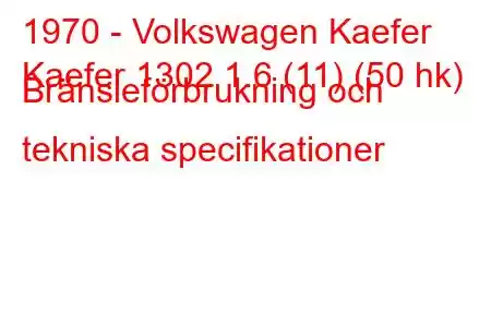 1970 - Volkswagen Kaefer
Kaefer 1302 1.6 (11) (50 hk) Bränsleförbrukning och tekniska specifikationer