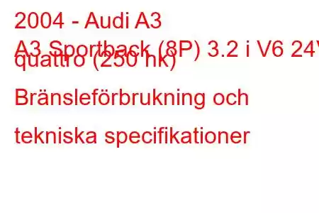 2004 - Audi A3
A3 Sportback (8P) 3.2 i V6 24V quattro (250 hk) Bränsleförbrukning och tekniska specifikationer