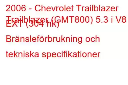 2006 - Chevrolet Trailblazer
Trailblazer (GMT800) 5.3 i V8 EXT (304 hk) Bränsleförbrukning och tekniska specifikationer