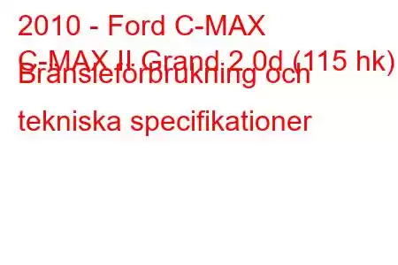 2010 - Ford C-MAX
C-MAX II Grand 2.0d (115 hk) Bränsleförbrukning och tekniska specifikationer