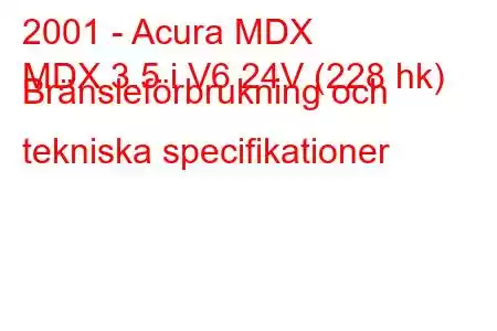 2001 - Acura MDX
MDX 3.5 i V6 24V (228 hk) Bränsleförbrukning och tekniska specifikationer