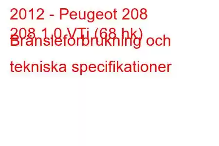 2012 - Peugeot 208
208 1.0 VTi (68 hk) Bränsleförbrukning och tekniska specifikationer