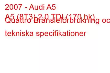 2007 - Audi A5
A5 (8T3) 2.0 TDI (170 hk) Quattro Bränsleförbrukning och tekniska specifikationer