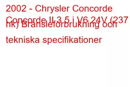 2002 - Chrysler Concorde
Concorde II 3.5 i V6 24V (237 hk) Bränsleförbrukning och tekniska specifikationer