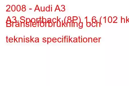 2008 - Audi A3
A3 Sportback (8P) 1,6 (102 hk) Bränsleförbrukning och tekniska specifikationer