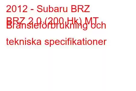 2012 - Subaru BRZ
BRZ 2.0 (200 Hk) MT Bränsleförbrukning och tekniska specifikationer