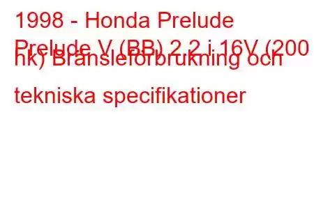 1998 - Honda Prelude
Prelude V (BB) 2.2 i 16V (200 hk) Bränsleförbrukning och tekniska specifikationer