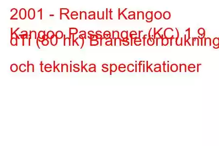 2001 - Renault Kangoo
Kangoo Passenger (KC) 1,9 dTi (80 hk) Bränsleförbrukning och tekniska specifikationer