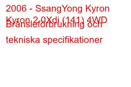 2006 - SsangYong Kyron
Kyron 2.0Xdi (141) 4WD Bränsleförbrukning och tekniska specifikationer