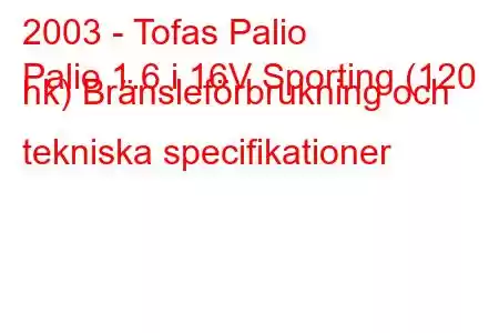 2003 - Tofas Palio
Palio 1.6 i 16V Sporting (120 hk) Bränsleförbrukning och tekniska specifikationer