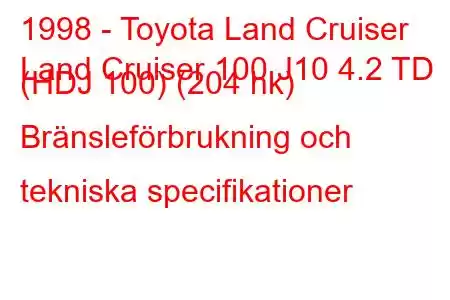 1998 - Toyota Land Cruiser
Land Cruiser 100 J10 4.2 TD (HDJ 100) (204 hk) Bränsleförbrukning och tekniska specifikationer