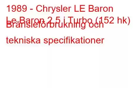 1989 - Chrysler LE Baron
Le Baron 2.5 i Turbo (152 hk) Bränsleförbrukning och tekniska specifikationer