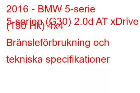 2016 - BMW 5-serie
5-serien (G30) 2.0d AT xDrive (190 Hk) 4x4 Bränsleförbrukning och tekniska specifikationer