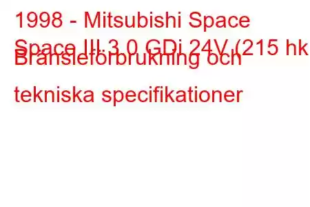 1998 - Mitsubishi Space
Space III 3.0 GDi 24V (215 hk) Bränsleförbrukning och tekniska specifikationer