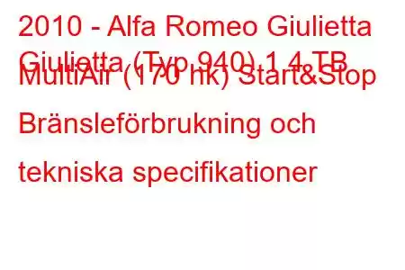 2010 - Alfa Romeo Giulietta
Giulietta (Typ 940) 1,4 TB MultiAir (170 hk) Start&Stop Bränsleförbrukning och tekniska specifikationer