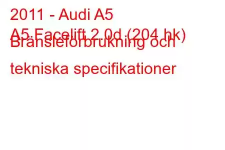 2011 - Audi A5
A5 Facelift 2.0d (204 hk) Bränsleförbrukning och tekniska specifikationer