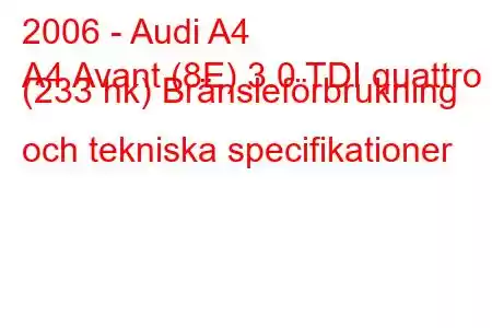 2006 - Audi A4
A4 Avant (8E) 3.0 TDI quattro (233 hk) Bränsleförbrukning och tekniska specifikationer