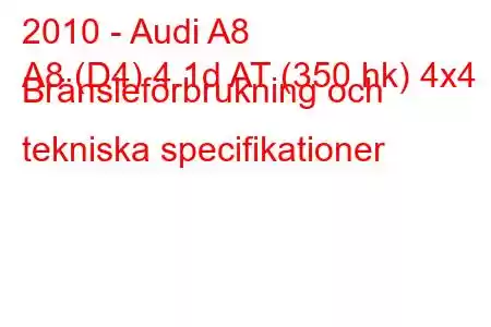 2010 - Audi A8
A8 (D4) 4.1d AT (350 hk) 4x4 Bränsleförbrukning och tekniska specifikationer