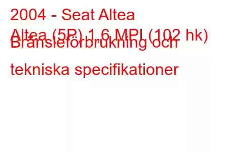 2004 - Seat Altea
Altea (5P) 1,6 MPI (102 hk) Bränsleförbrukning och tekniska specifikationer