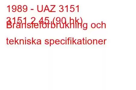 1989 - UAZ 3151
3151 2,45 (90 hk) Bränsleförbrukning och tekniska specifikationer