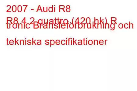 2007 - Audi R8
R8 4.2 quattro (420 hk) R tronic Bränsleförbrukning och tekniska specifikationer