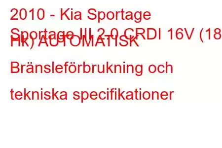 2010 - Kia Sportage
Sportage III 2.0 CRDI 16V (184 Hk) AUTOMATISK Bränsleförbrukning och tekniska specifikationer