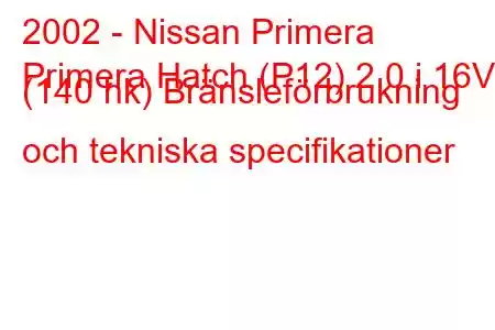 2002 - Nissan Primera
Primera Hatch (P12) 2.0 i 16V (140 hk) Bränsleförbrukning och tekniska specifikationer