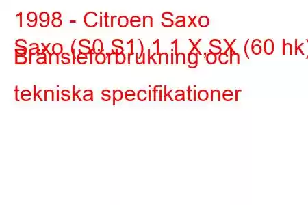 1998 - Citroen Saxo
Saxo (S0,S1) 1.1 X,SX (60 hk) Bränsleförbrukning och tekniska specifikationer