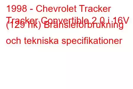 1998 - Chevrolet Tracker
Tracker Convertible 2.0 i 16V (129 hk) Bränsleförbrukning och tekniska specifikationer