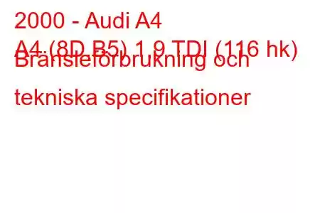 2000 - Audi A4
A4 (8D,B5) 1,9 TDI (116 hk) Bränsleförbrukning och tekniska specifikationer