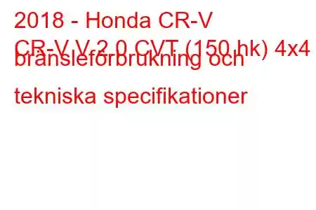 2018 - Honda CR-V
CR-V V 2.0 CVT (150 hk) 4x4 bränsleförbrukning och tekniska specifikationer