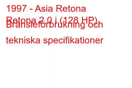 1997 - Asia Retona
Retona 2.0 i (128 HP) Bränsleförbrukning och tekniska specifikationer