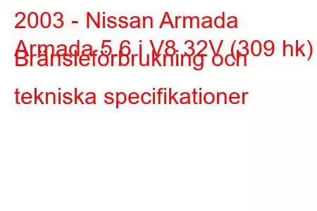 2003 - Nissan Armada
Armada 5.6 i V8 32V (309 hk) Bränsleförbrukning och tekniska specifikationer