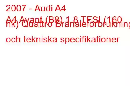 2007 - Audi A4
A4 Avant (B8) 1.8 TFSI (160 hk) Quattro Bränsleförbrukning och tekniska specifikationer