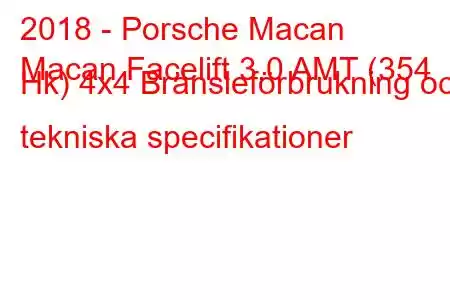 2018 - Porsche Macan
Macan Facelift 3.0 AMT (354 Hk) 4x4 Bränsleförbrukning och tekniska specifikationer