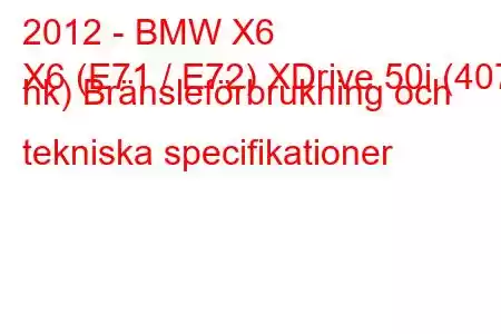 2012 - BMW X6
X6 (E71 / E72) XDrive 50i (407 hk) Bränsleförbrukning och tekniska specifikationer