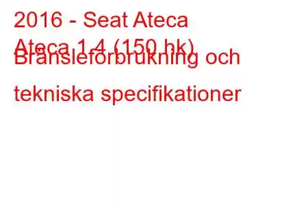 2016 - Seat Ateca
Ateca 1.4 (150 hk) Bränsleförbrukning och tekniska specifikationer