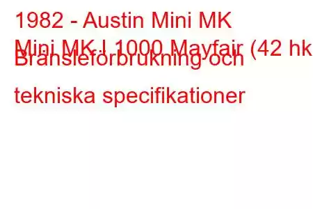 1982 - Austin Mini MK
Mini MK I 1000 Mayfair (42 hk) Bränsleförbrukning och tekniska specifikationer