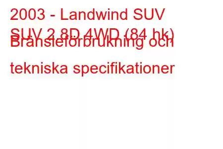 2003 - Landwind SUV
SUV 2.8D 4WD (84 hk) Bränsleförbrukning och tekniska specifikationer