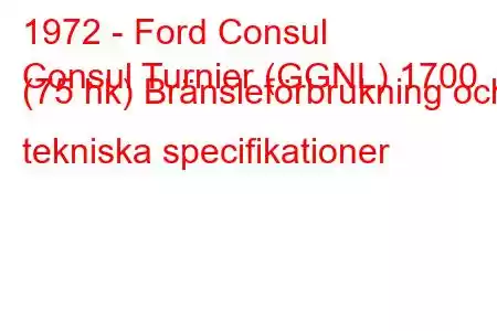 1972 - Ford Consul
Consul Turnier (GGNL) 1700 (75 hk) Bränsleförbrukning och tekniska specifikationer