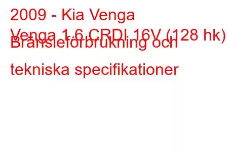 2009 - Kia Venga
Venga 1.6 CRDI 16V (128 hk) Bränsleförbrukning och tekniska specifikationer