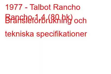 1977 - Talbot Rancho
Rancho 1,4 (80 hk) Bränsleförbrukning och tekniska specifikationer